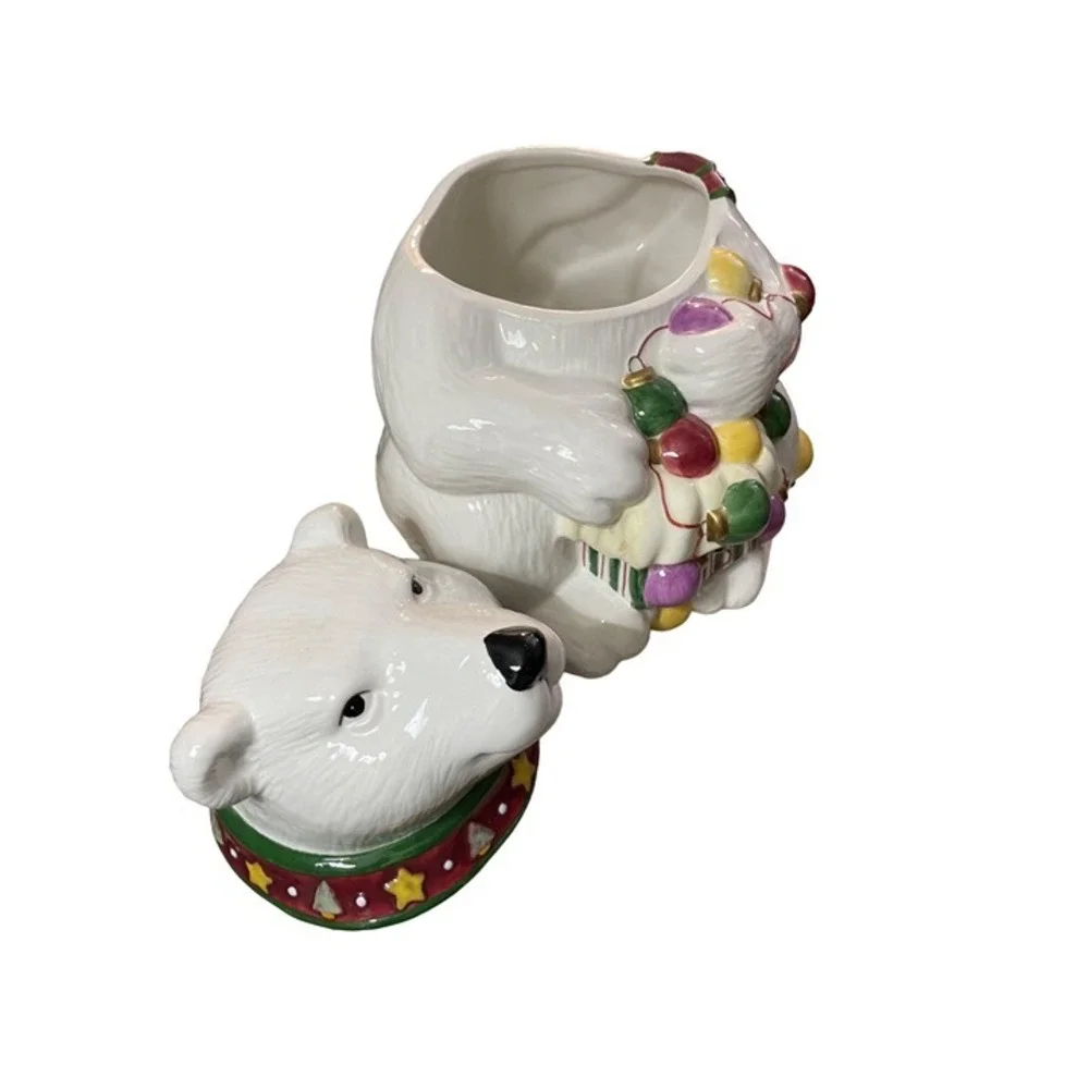 JCPenney Ceramic Polar‎ Bear Cookie Jar Christmas Lights Collar Lid